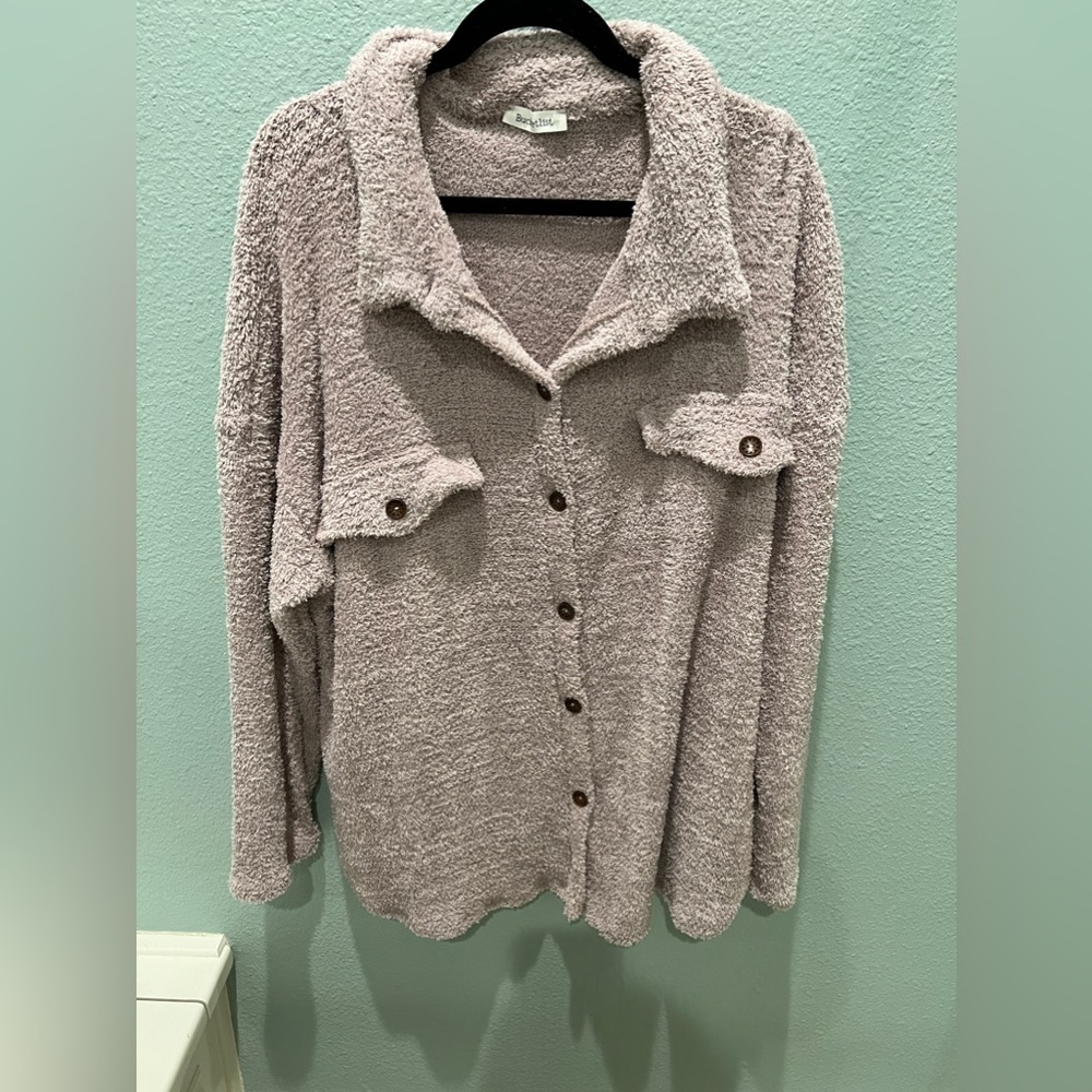 Vici Companion Fuzzy Knit Shacket Dusty Lilac Large - Picture 4 of 5